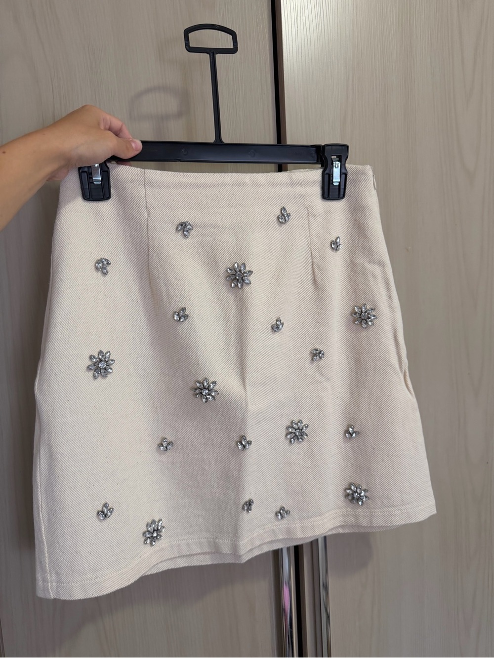 Embellished Cream Mini Skirt with Floral Jewel Accents